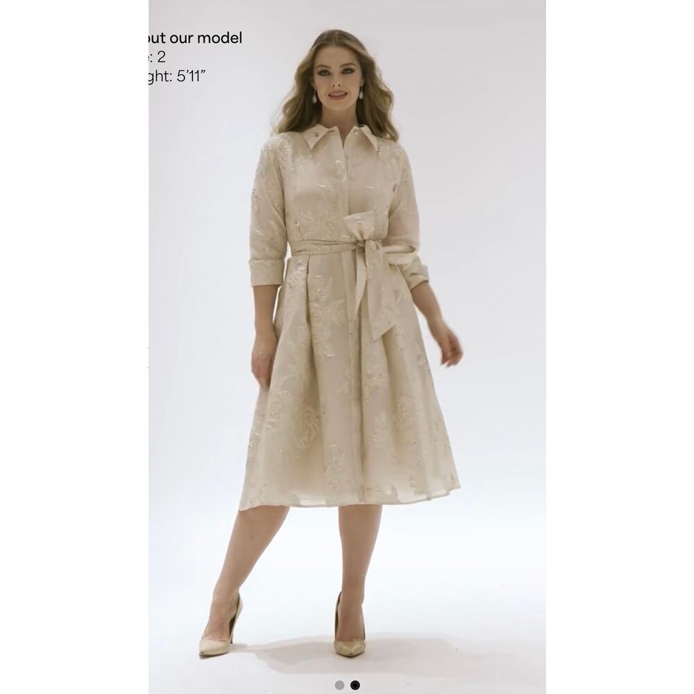 Rickie Freeman Teri Jon Metallic Jacquard Shirt Dress Floral‎ Print Size S 4/6 - Picture 2 of 16